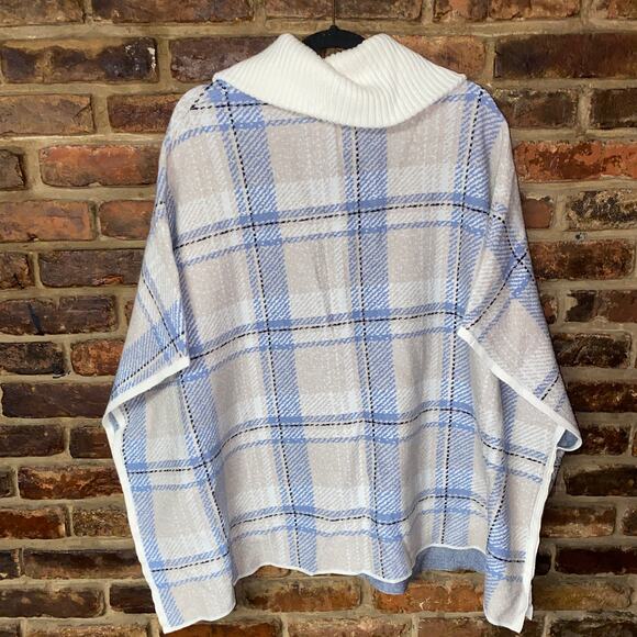 Tahari Blue Cream Plaid Oversized Full Zip Up Cape Poncho Sweater Women's L/XL - Picture 8 of 8